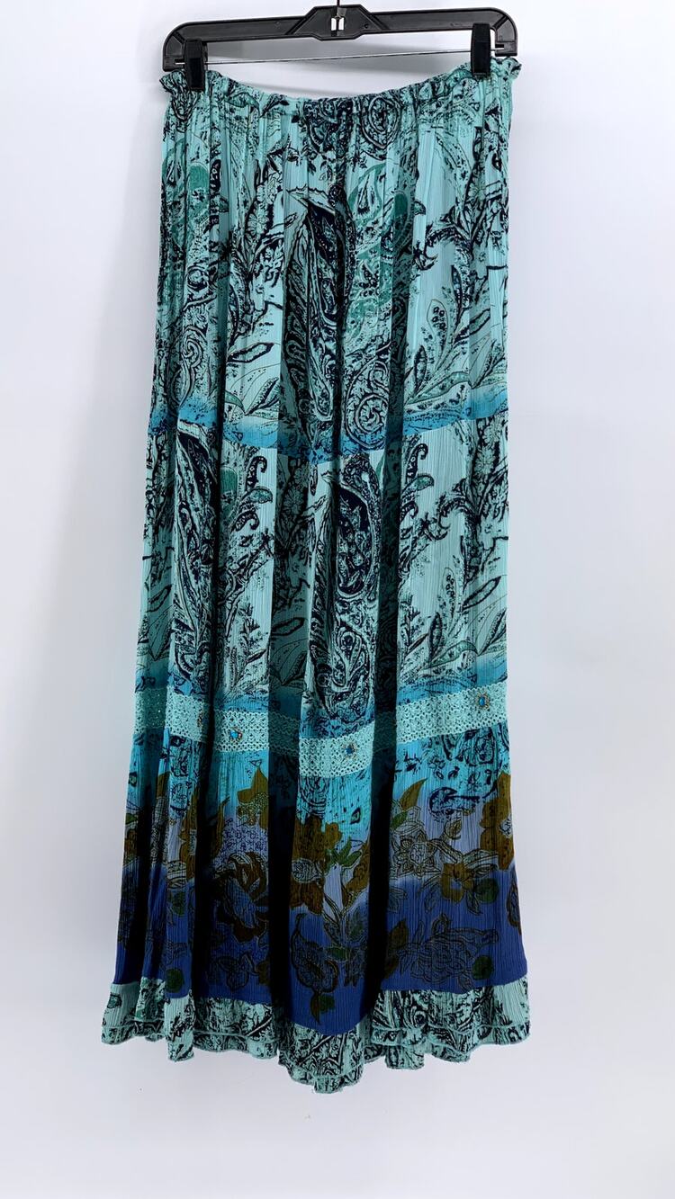FORBIDDEN LOS ANGELES Women's Blue Ombre Printed Lace Maxi Skirt SZ XL